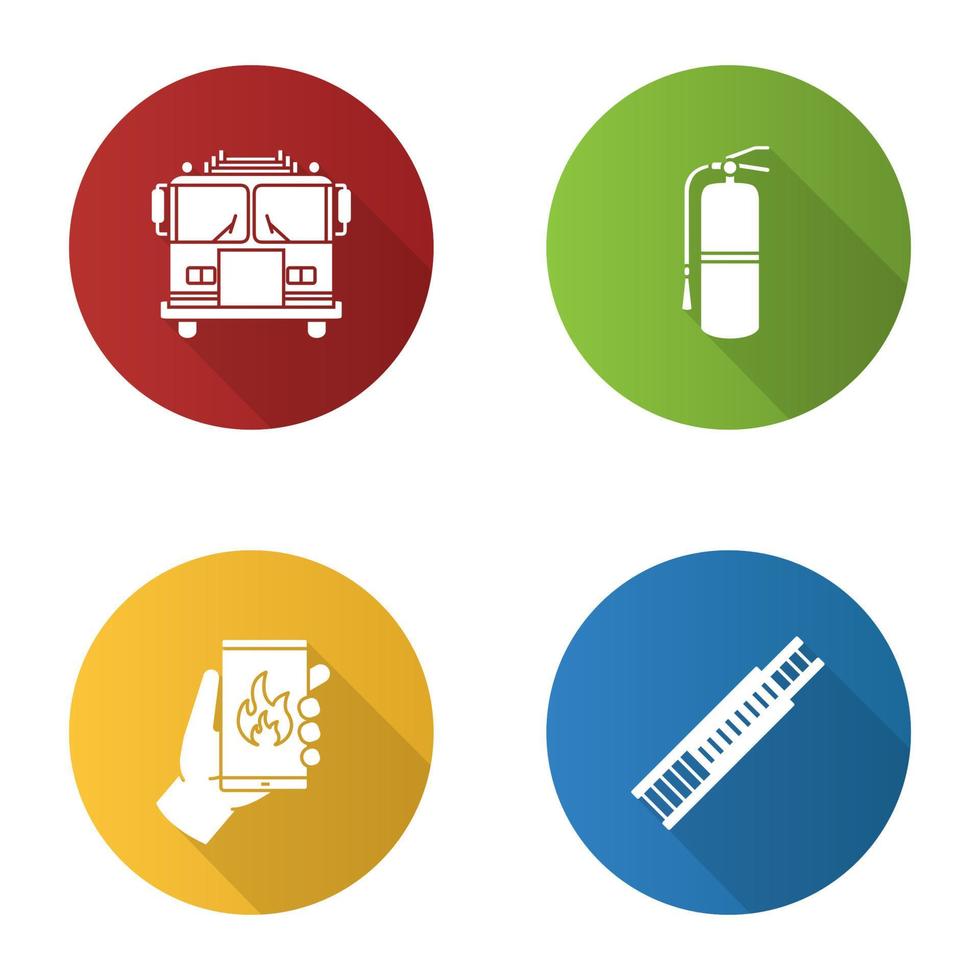 Firefighting flat design long shadow glyph icon. Fire engine, double extension ladder, extinguisher, emergency call. Vector silhouette illustration