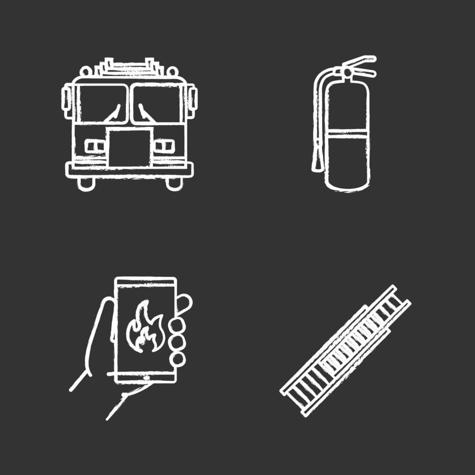 Firefighting chalk icons set. Fire engine, double extension ladder, extinguisher, emergency call. Isolated vector chalkboard illustrations