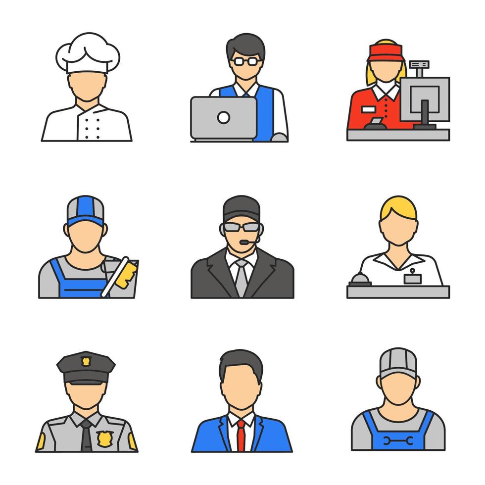 Professions color icons set. Occupations. IT technologist, cashier, cleaner, bodyguard, receptionist, policeman, office worker, plumber, cook. Isolated vector illustrations