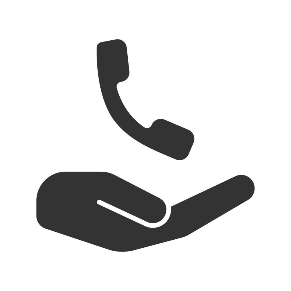 Open hand with handset glyph icon. Hotline. Silhouette symbol. Phone calling. Negative space. Vector isolated illustration