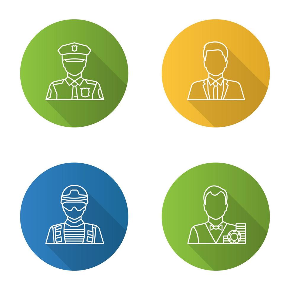 Professions flat linear long shadow icons set. Occupations. Policeman, soldier, croupier, office worker. Vector outline illustration