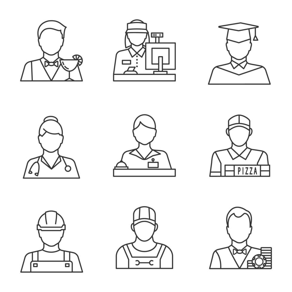 Professions linear icons set. Barman, cashier, graduate student, doctor, receptionist, pizza deliveryman, builder, croupier. Thin line contour symbols. Isolated vector outline illustrations