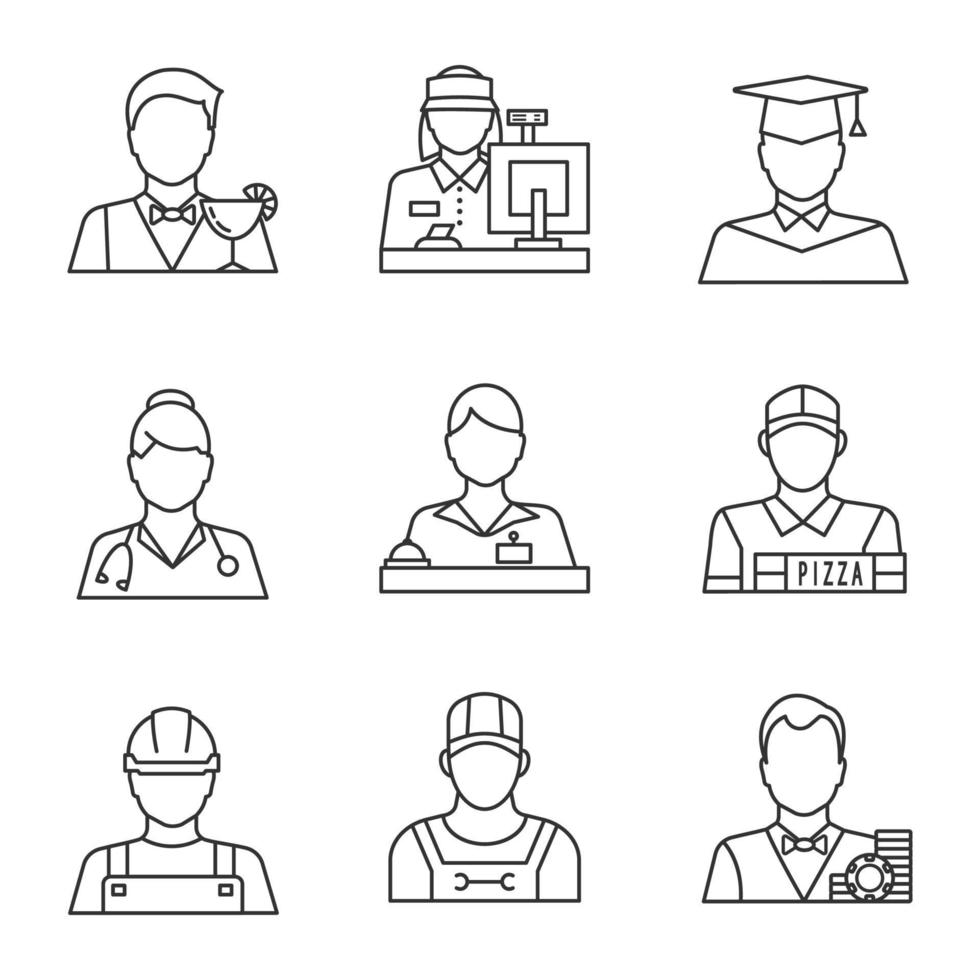 conjunto de iconos lineales de profesiones. barman, cajero, estudiante de posgrado, médico, recepcionista, repartidor de pizzas, albañil, croupier. símbolos de contorno de línea delgada. Ilustraciones de vectores aislados