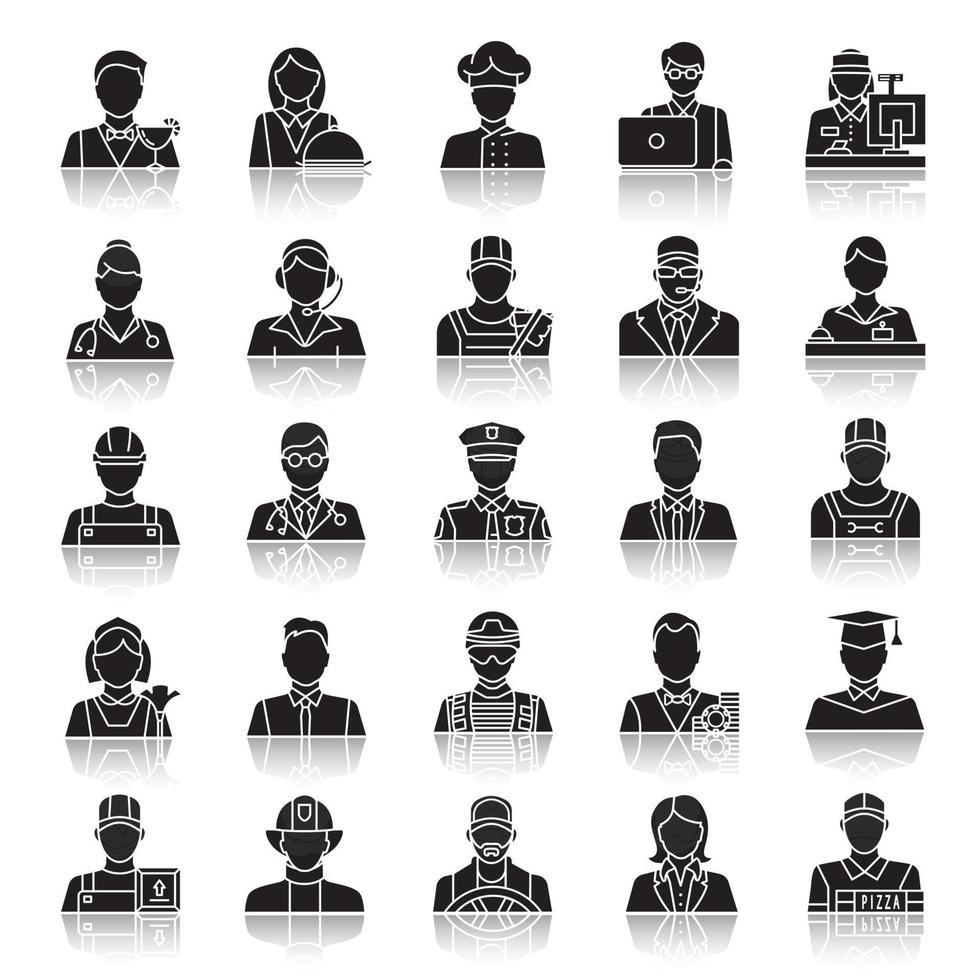Conjunto de iconos de glifo negro de sombra de profesiones. ocupaciones trabajadores ilustraciones de vectores aislados