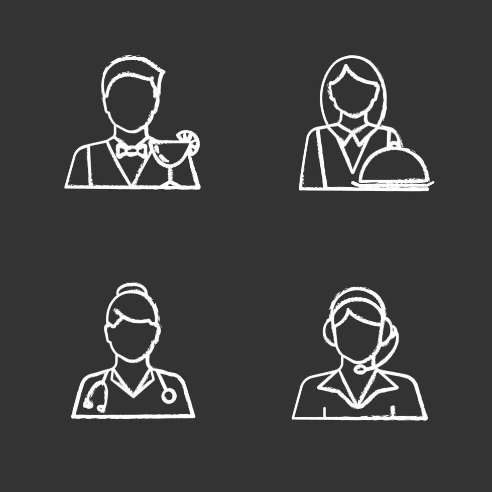 Professions chalk icons set. Occupations. Doctor, call center operator, barman, waitress. Isolated vector chalkboard illustrations