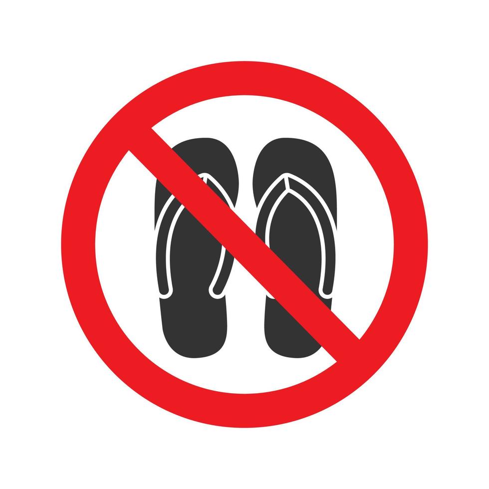 signo prohibido con icono de glifo de zapatillas. no se permiten sandalias, correas o calzado abierto. sin zapatos. detener el símbolo de la silueta. espacio negativo. ilustración vectorial aislada vector