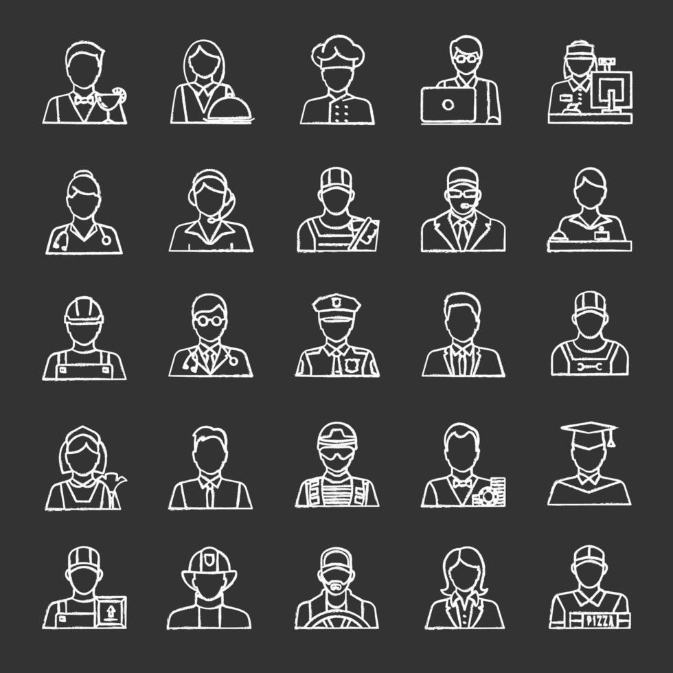 Professions chalk icons set. Occupations. Workers. Isolated vector chalkboard illustrations