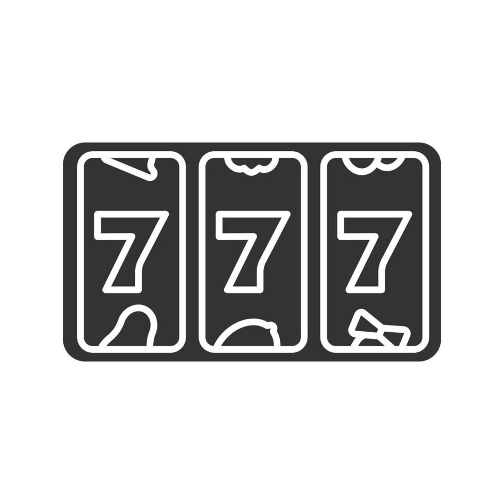 Slot machine with three sevens glyph icon. Silhouette symbol. 777. Lucky seven. Casino. Negative space. Vector isolated illustration