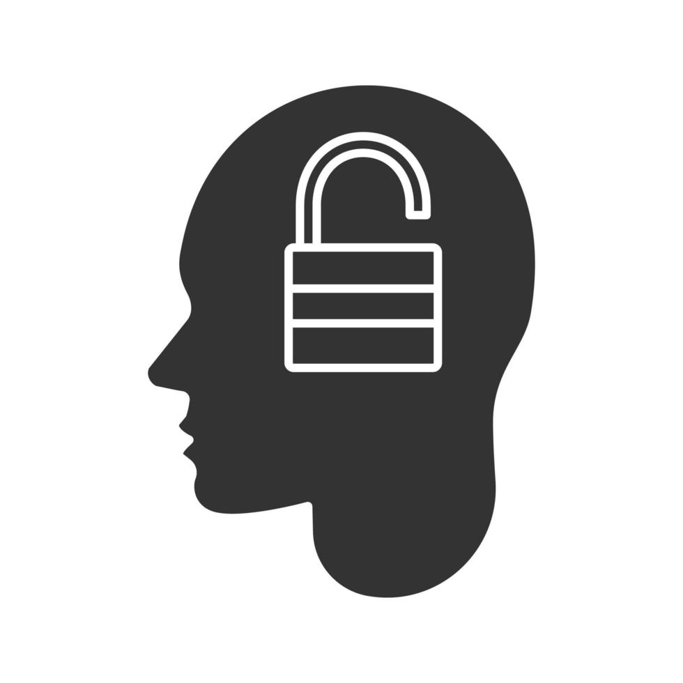 Human head with open lock glyph icon. Cyber security. Silhouette symbol. Artificial intelligence. Negative space. Vector isolated illustration