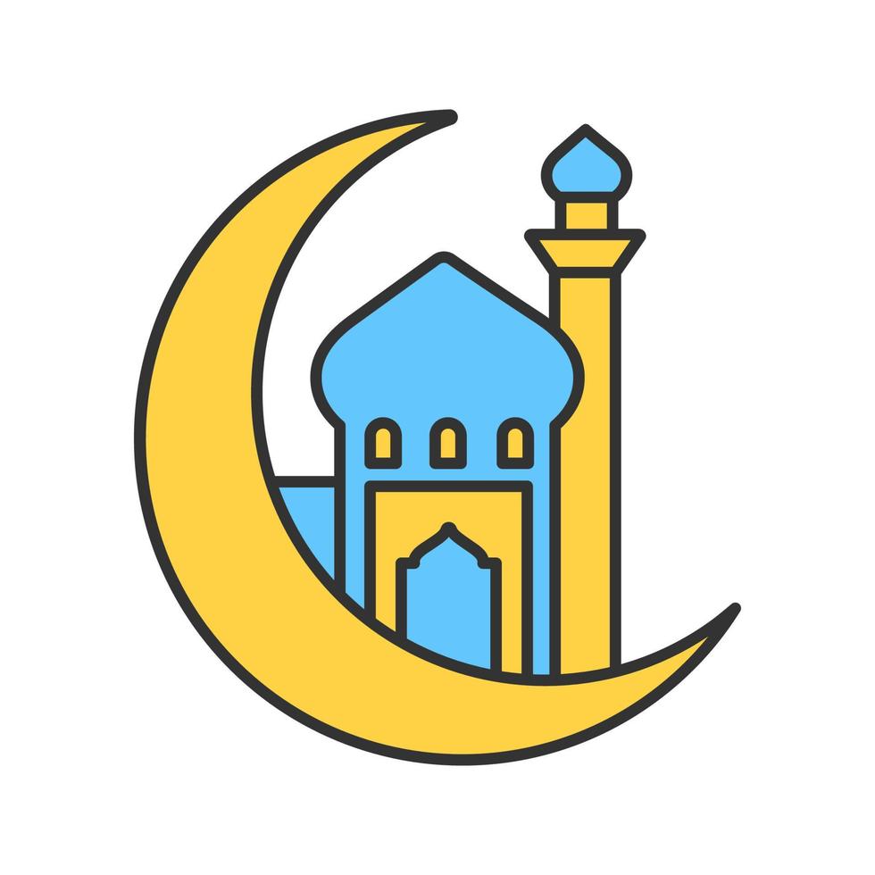 Mosque with ramadan moon color icon. Crescent moon. Islamic culture. Muslim worship place. Isolated vector illustration