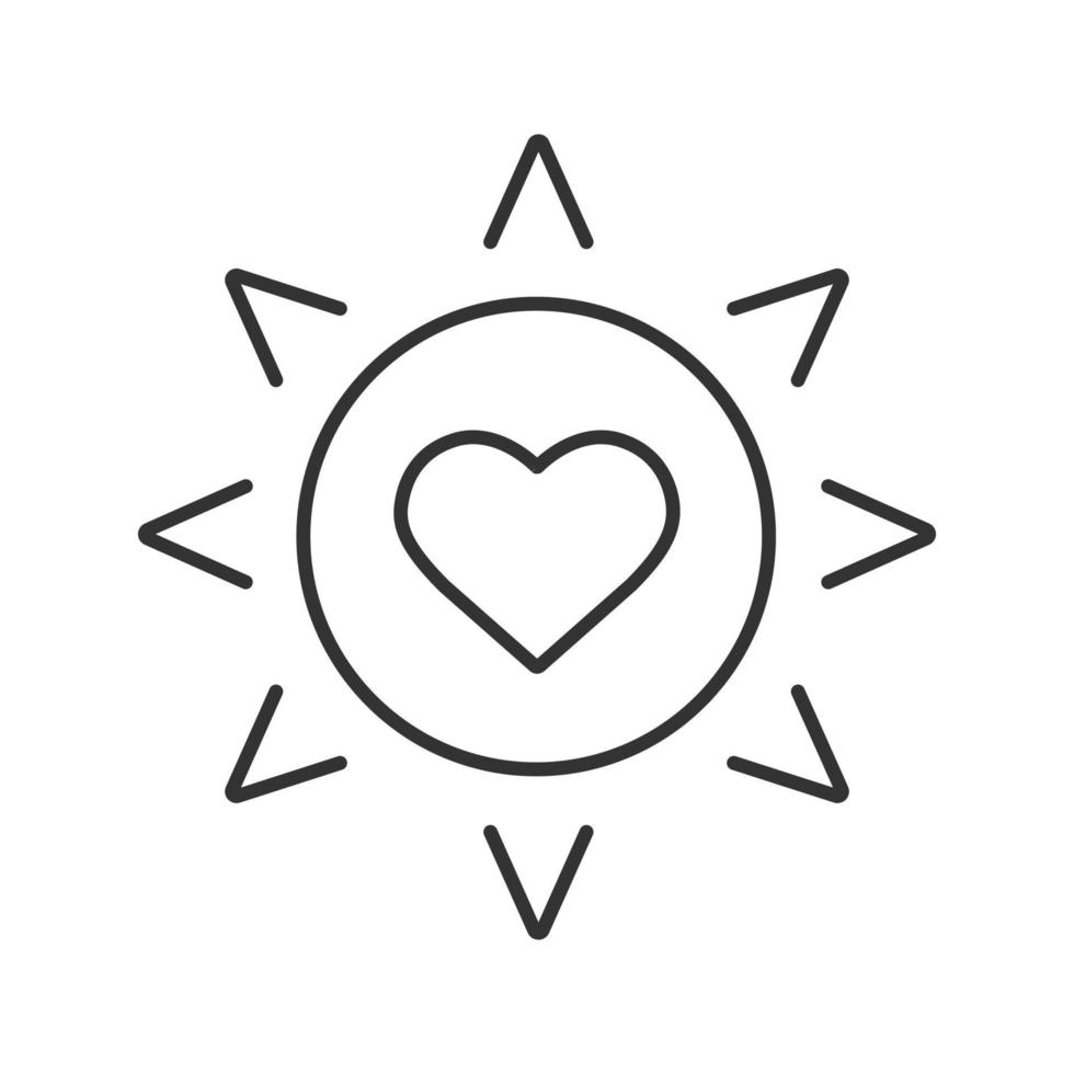 Sun with heart linear icon. Solar energy safety. Thin line illustration. Nature care. Contour symbol. Vector isolated outline drawing