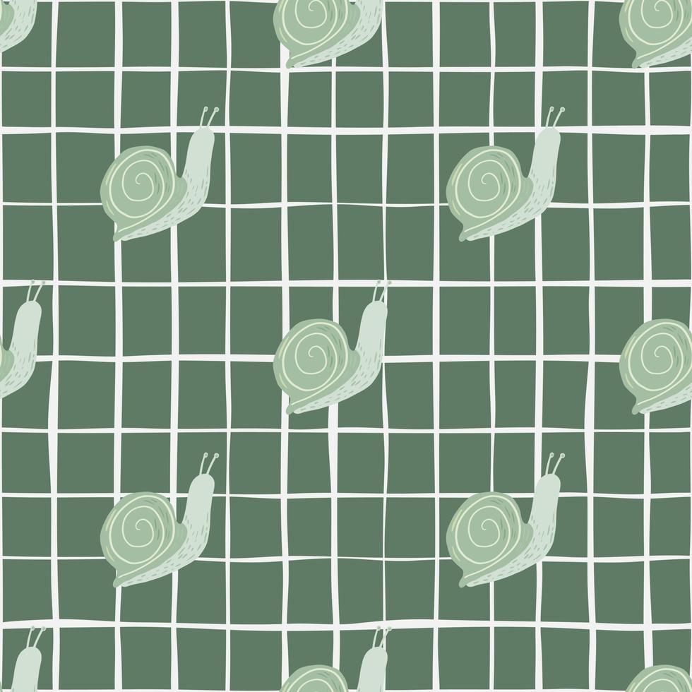 Pastel seamless doodle pattern with snails simple silhouettes. Animal figures on chequered background. Light green palette. vector