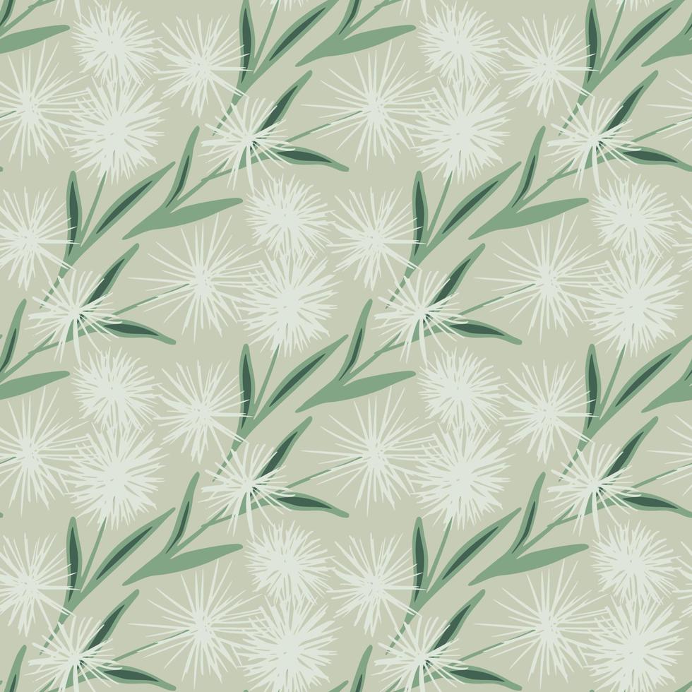 Botanic seamless pattern with hand drawn abstract dandelions. White flowers with green foliage on pastel beige background. vector