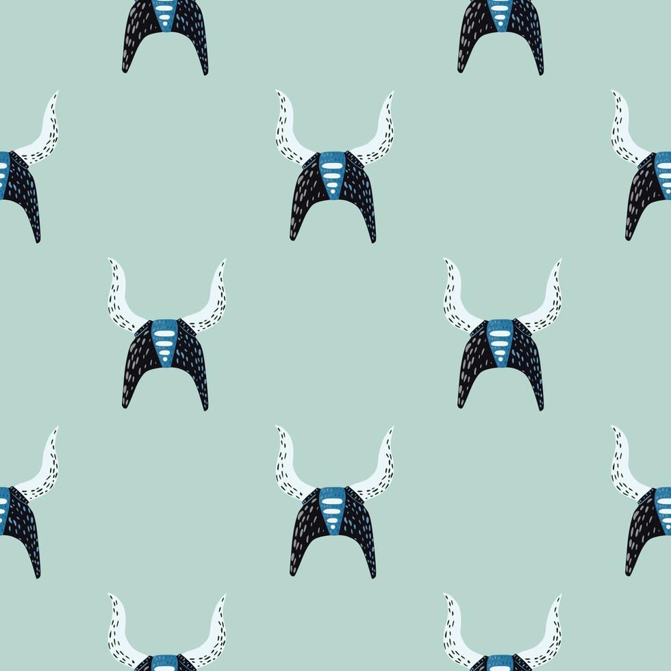 Seamless pattern with norwegian viking helmet silhouettes. Light blue background. Navy blue and white colored nordic print. vector