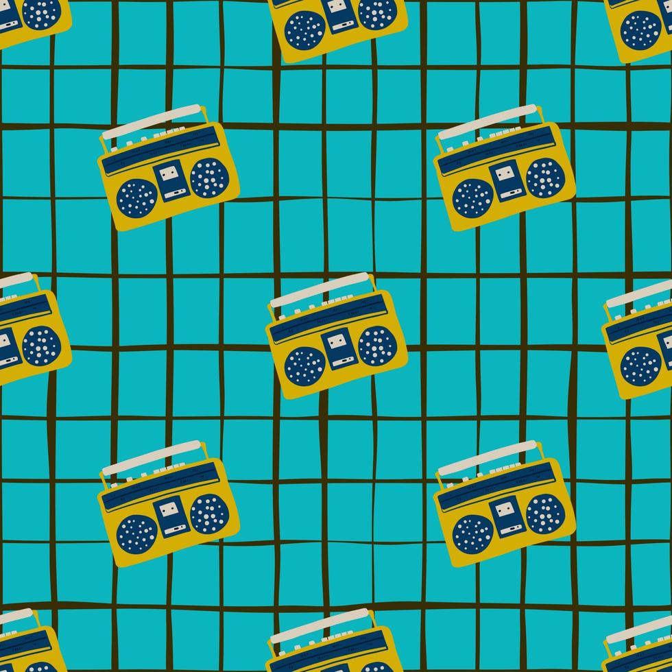 grabadora de cinta brillante formas doodle de patrones sin fisuras. impresión simple de música amarilla de los años 80 sobre fondo azul a cuadros. vector