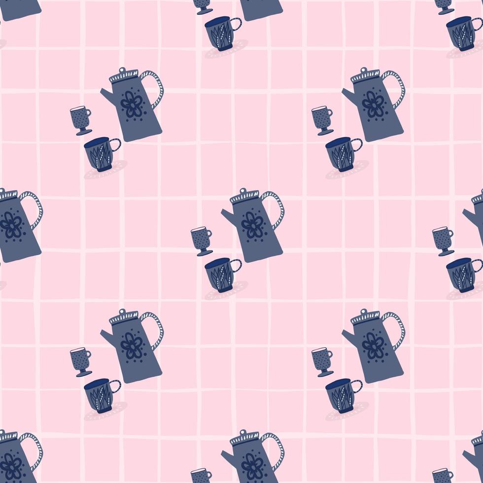 Navy blue tea ceremony silhouettes seamless pattern. Soft pink background with check. Simple cafe print. vector