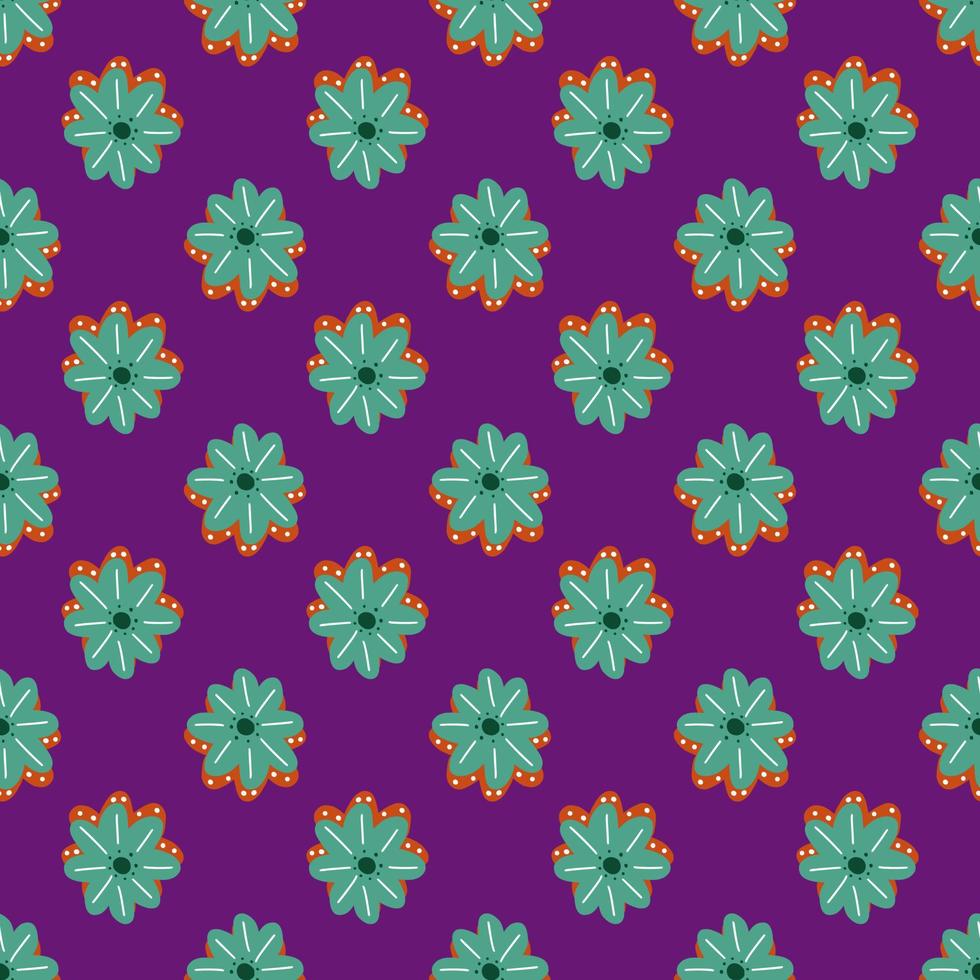Vintage seamless pattern with decorative turquoise daisy flowers shapes. Purple bright background. vector