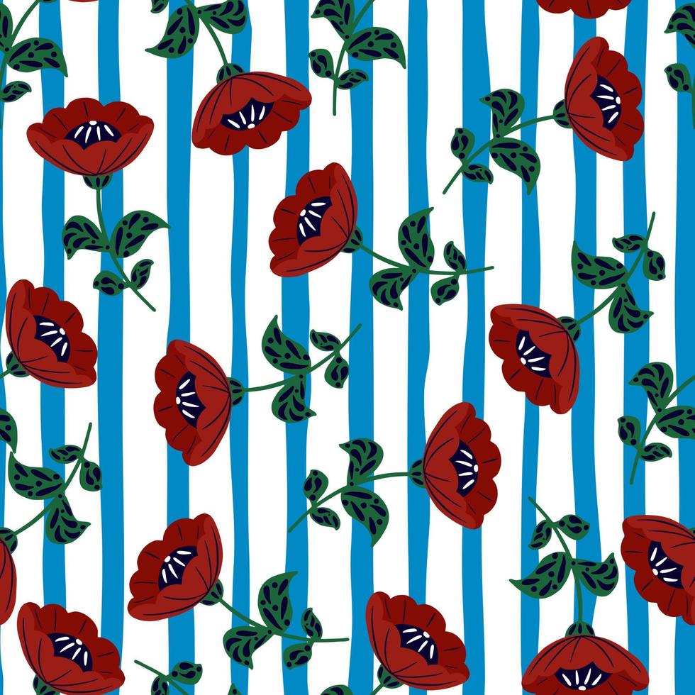 Random seamless pattern with red vintage flowers silhouettes. White and blue striped background. vector