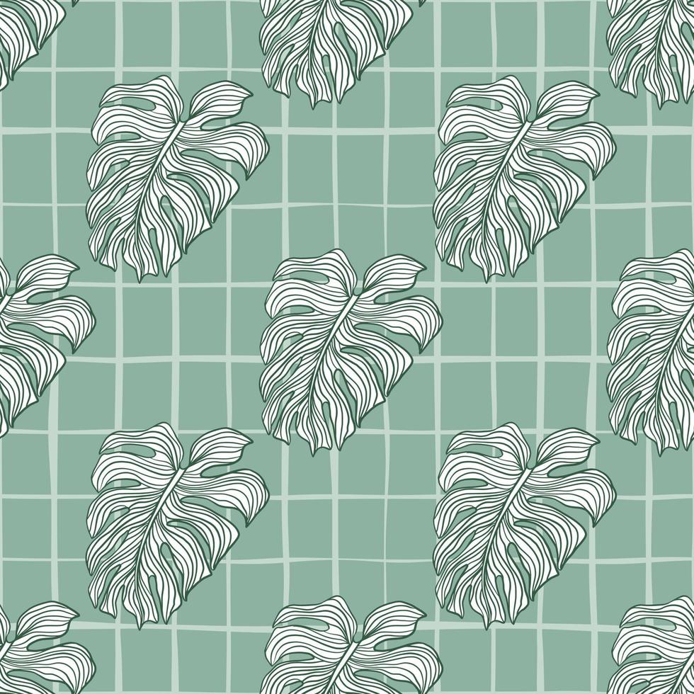 Green outline contoured seamless pattern with doodle monstera shapes print. Chequered background. vector