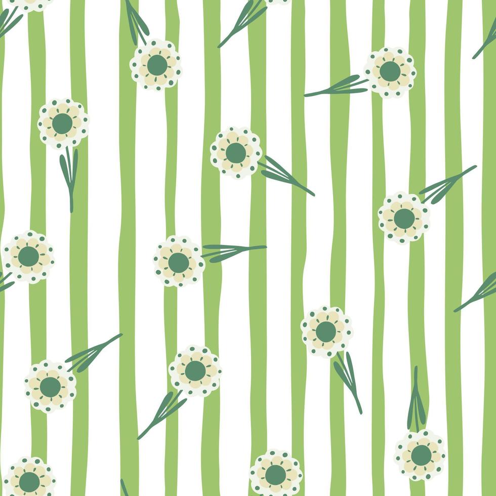 Random summer seamless pattern with cute folk flowers ornament in light tones. Green striped background. vector