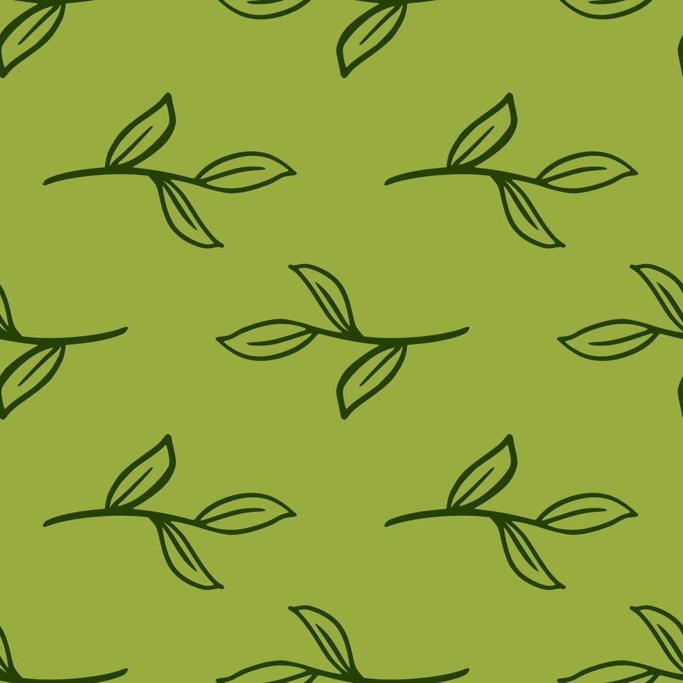 Green colored seamless botanic pattern with simple outline contoured leaf branches. Natue print. vector
