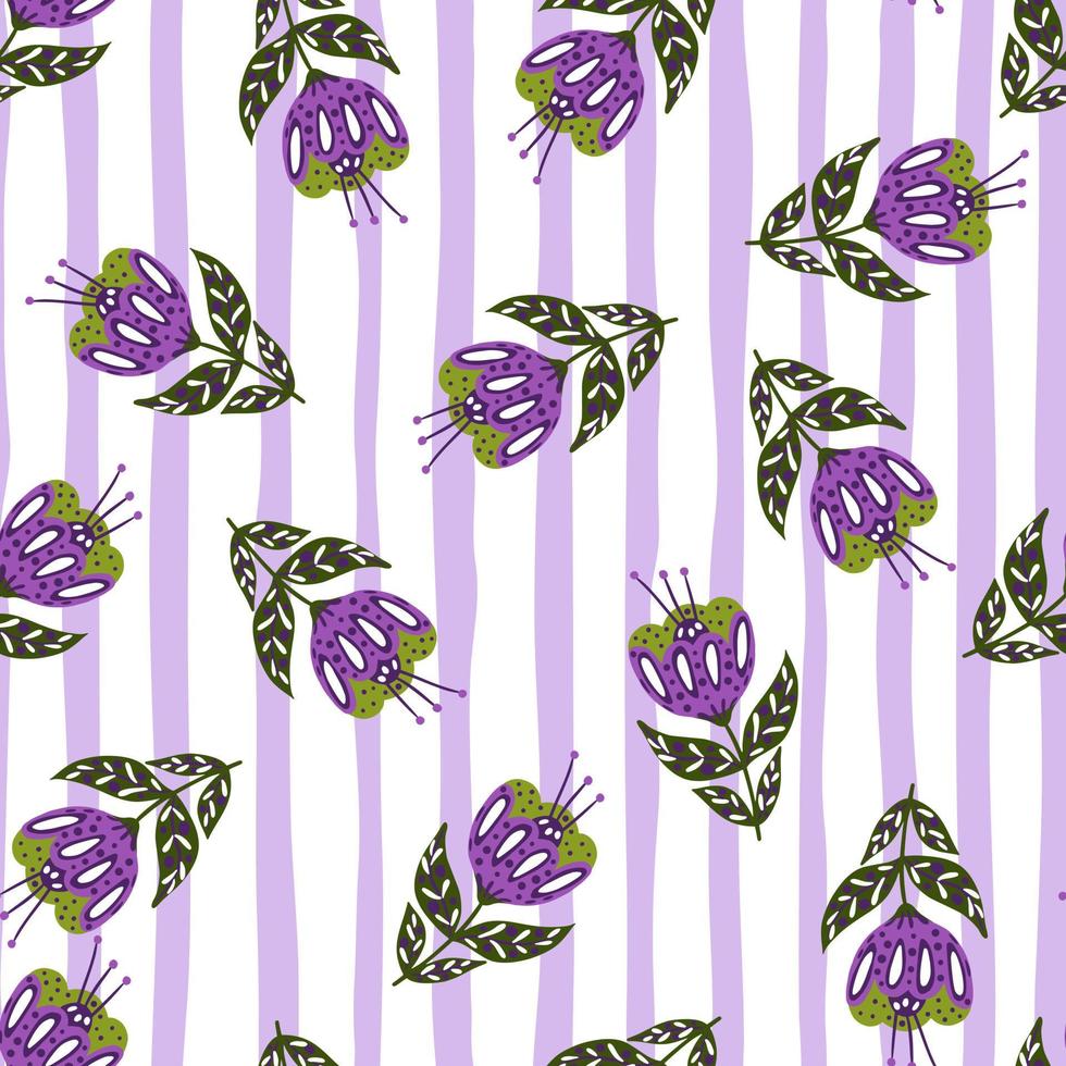Random seamless doodle pattern with purple colored folk flowers elements. Light striped background. Simple artwork. vector