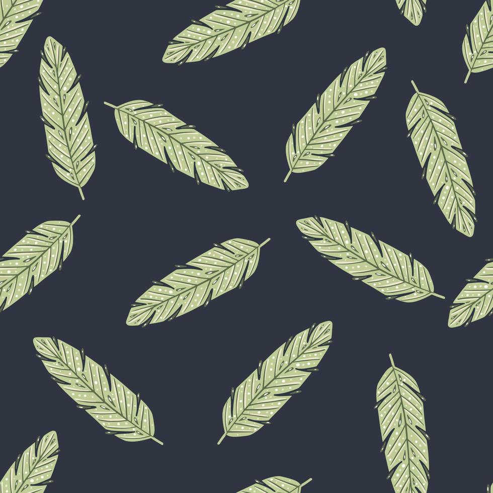 Green pastel feather ornament random print seamless pattern. Dark navy blue background. vector