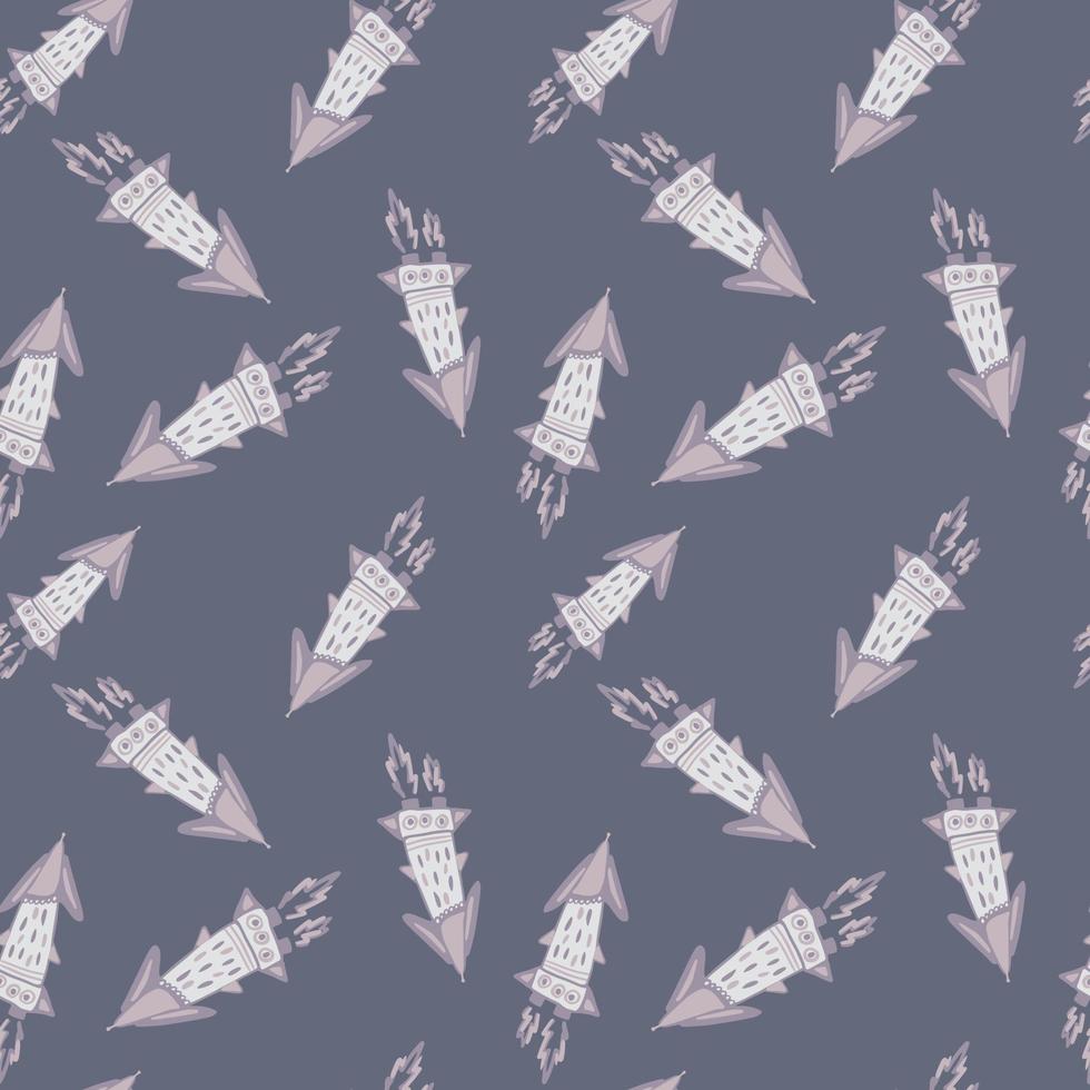 Random rocket silhouettes seamless pattern. Stylized cosmic elements on light tones on pale navy blue background. vector