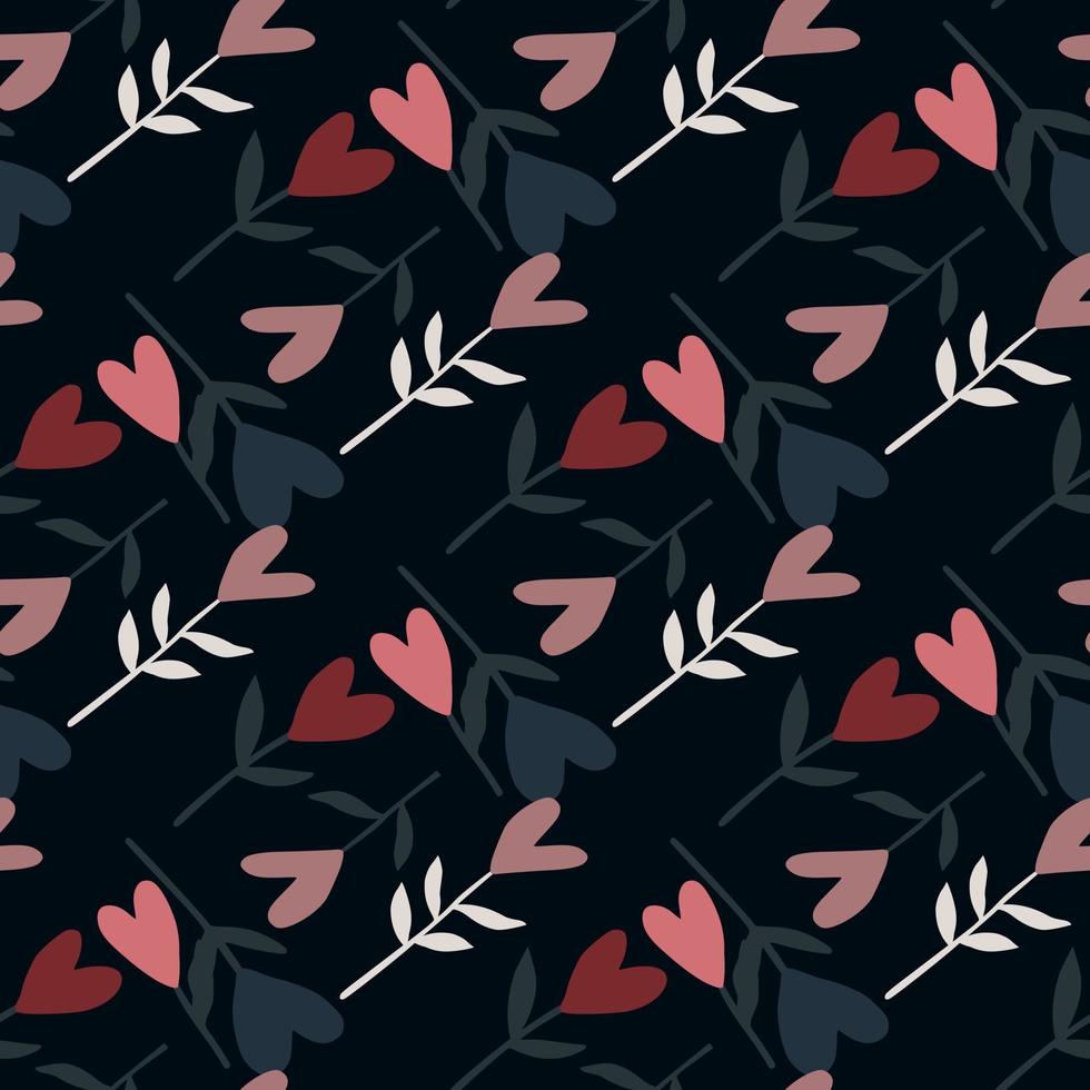 Dark valentine flowers seamless pattern. Pink heart botanic ornament on black background. vector