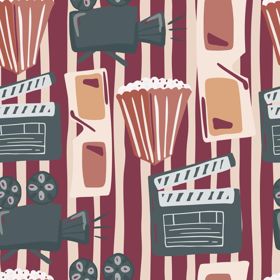 Holywood style seamless cinema movie pattern. Popcorn, camera, 3d glasses and clapperboard silhouettes on striped background. Maroon tones artwork. vector