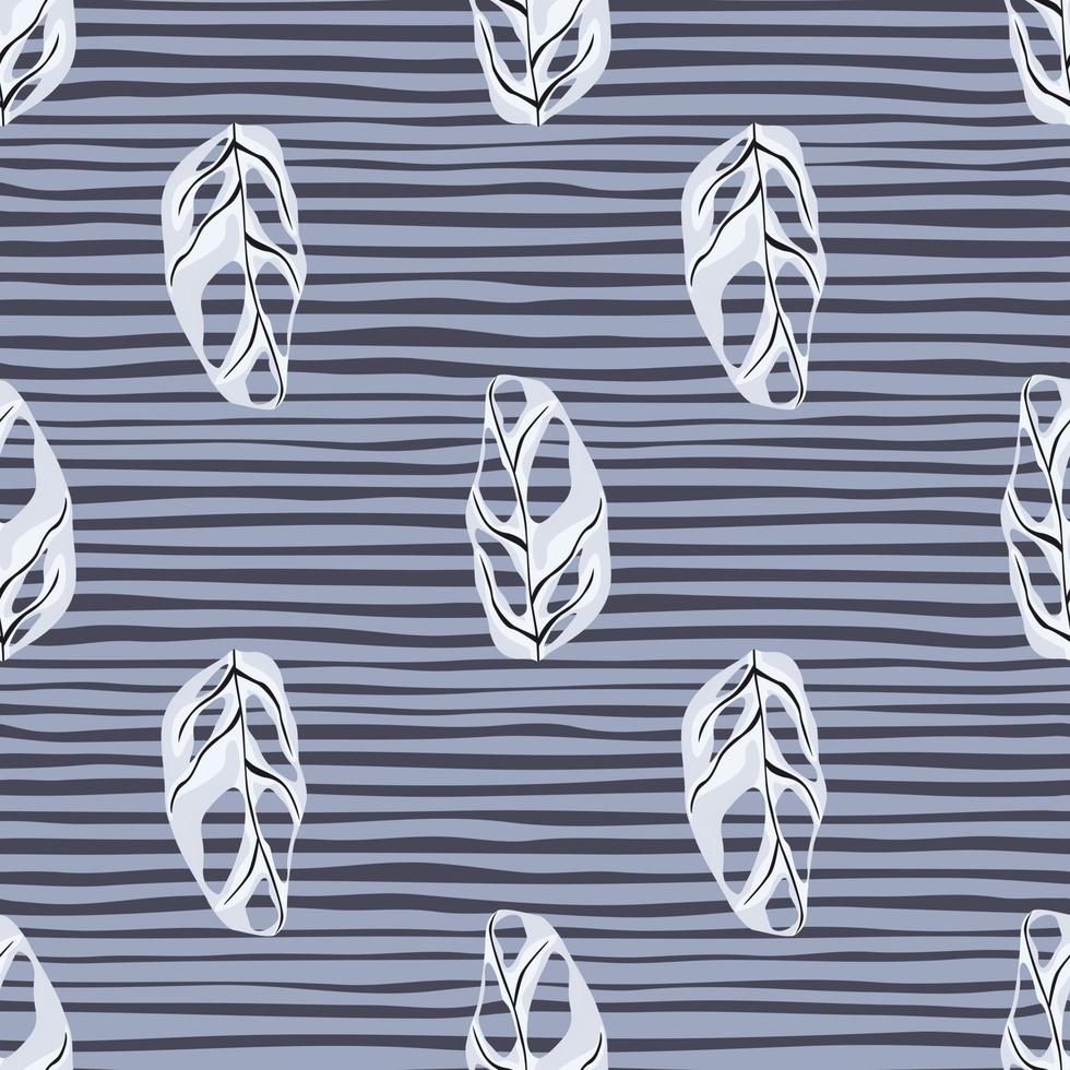 patrón simple sin costuras con siluetas de monstera de plantas de interior dibujadas a mano. siluetas de follaje blanco sobre fondo de rayas púrpura. vector