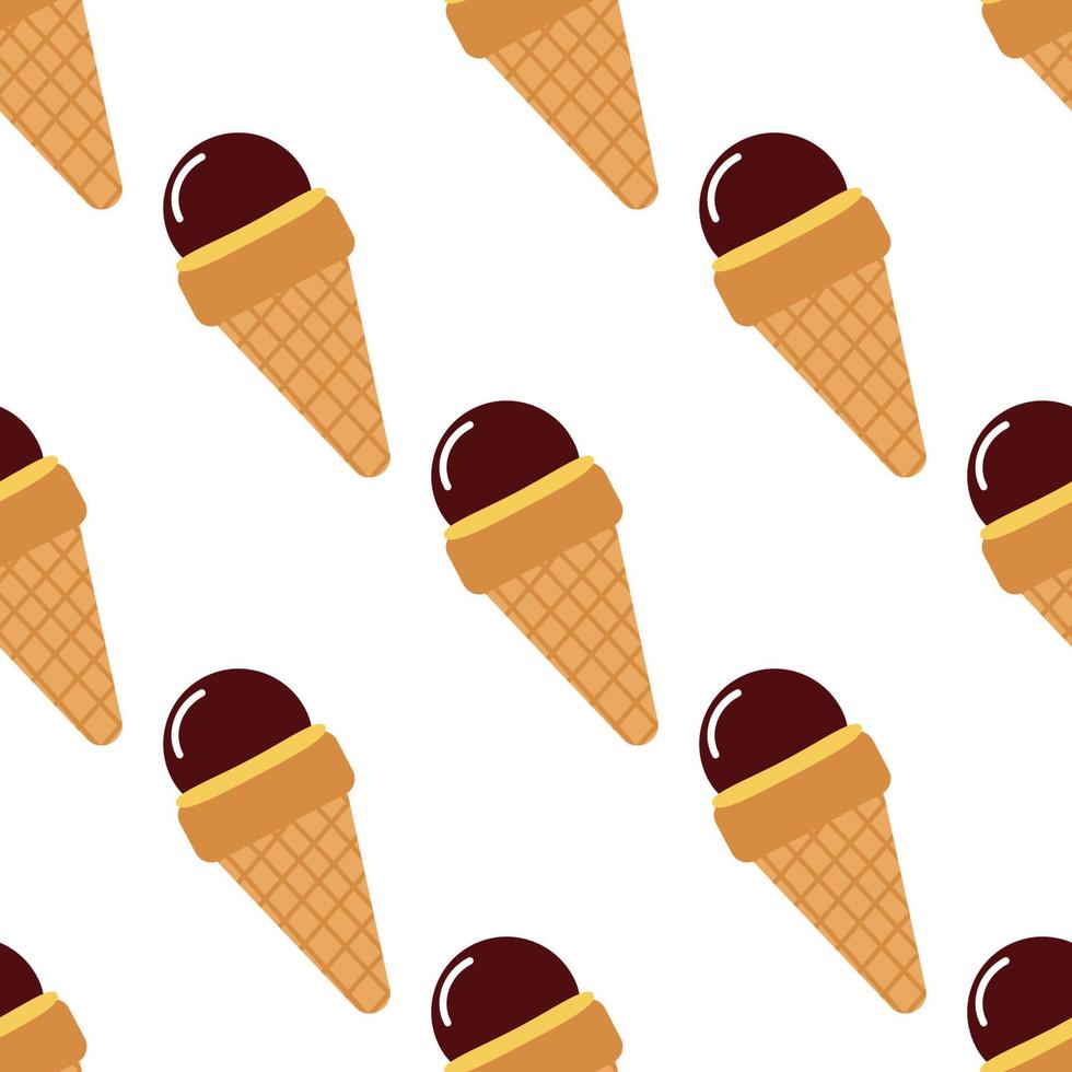 Isolated seamless ice cream with chocolate glaze and waffle cone pattern. White background. vector