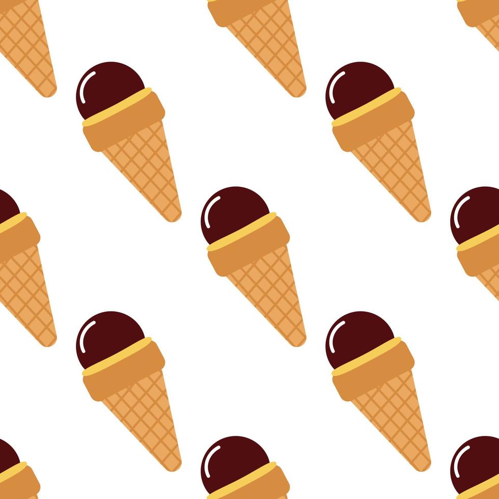 Isolated seamless ice cream with chocolate glaze and waffle cone pattern. White background. vector