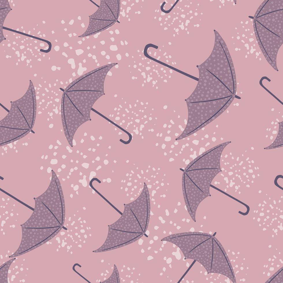 Creative season seamless pattern with purple umbrella shapes. Pink background with splashes. Simple rainy ornament. vector