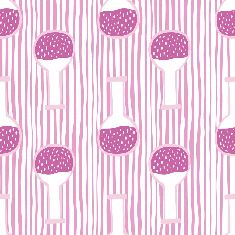 Purple and lilac tones seamless doodle pattern with flasks. Striped background. Lab backdrop. vector