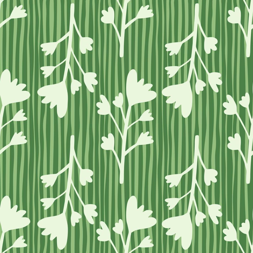 Seamless pattern floral branches. Light grey botanic elements on lined green background. vector