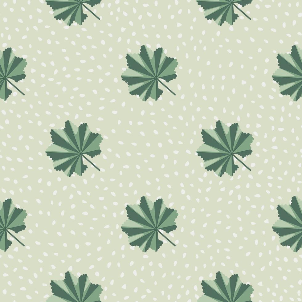 Abstract jungle leaf green colored seamless pattern in doodle style. Grey dotted background. vector