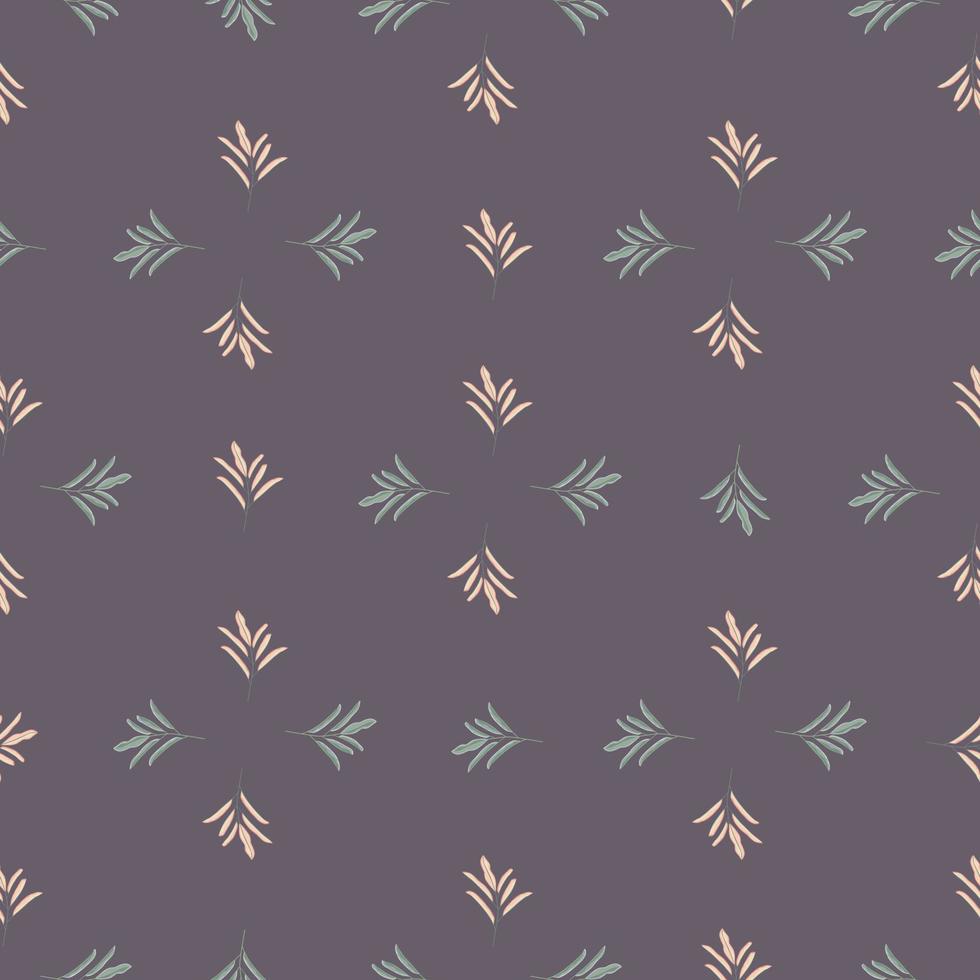 Geometric seamless pattern with simple floral leaf branches silhouettes print. Purple background. Little ornament. vector