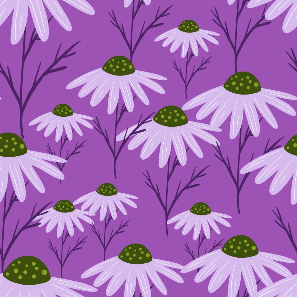 Bloom seamless pattern with random chamomile flowers elements. Purple pastel background. Doodle print. vector