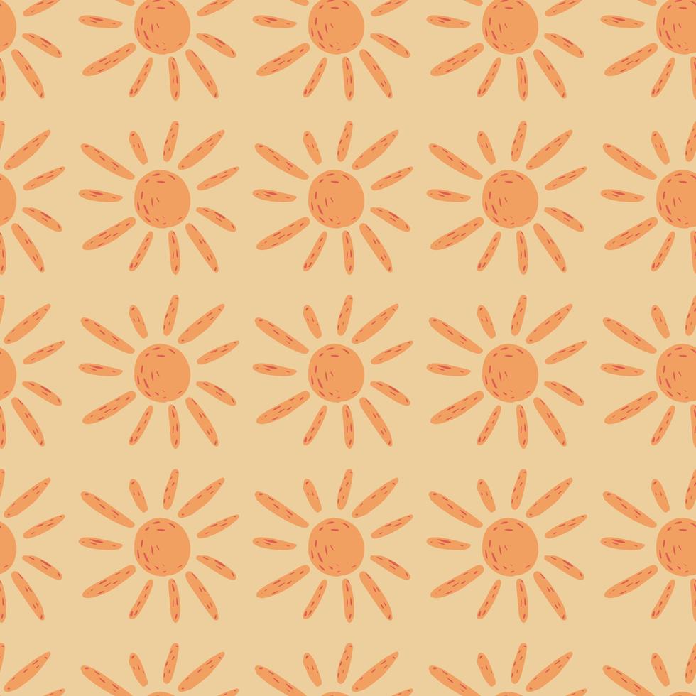 Orange sun silhouettes seamless ethnic pattern. Doodle summer print with light background. vector