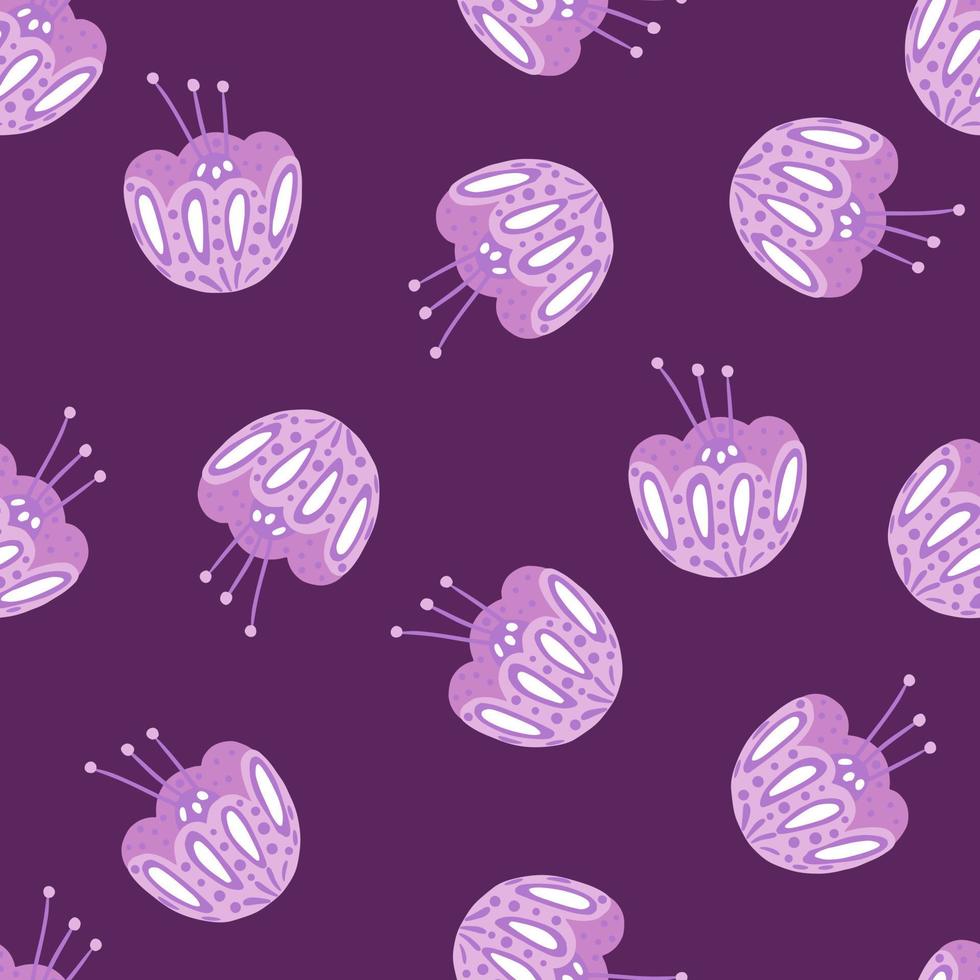 Folk flowers doodle seamless pattern with random lilac folk flowers ornament. Purple background. vector