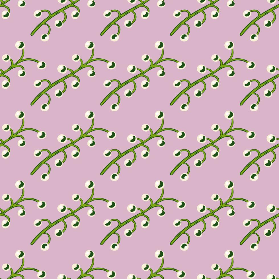 Green colored berry branches silhouettes seamless doodle pattern. Pastel purple background. Simple design. vector