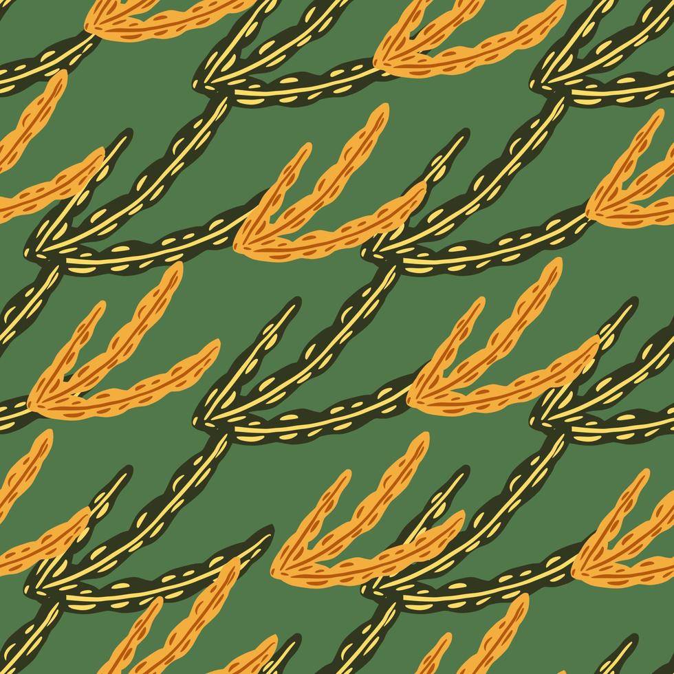 Seamless pattern with orange colored seaweeds print. Green turquoise background. Hand drawn style. vector