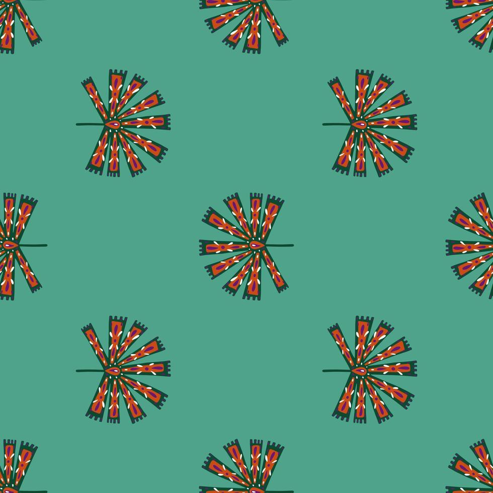 Abstract seamless pattern with folk licuala palm ornament in red color with turquoise background. vector