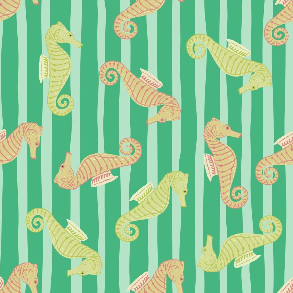 Seamless random pattern with abstract little yellow and orange colored seahorse priint. Striped green background. vector