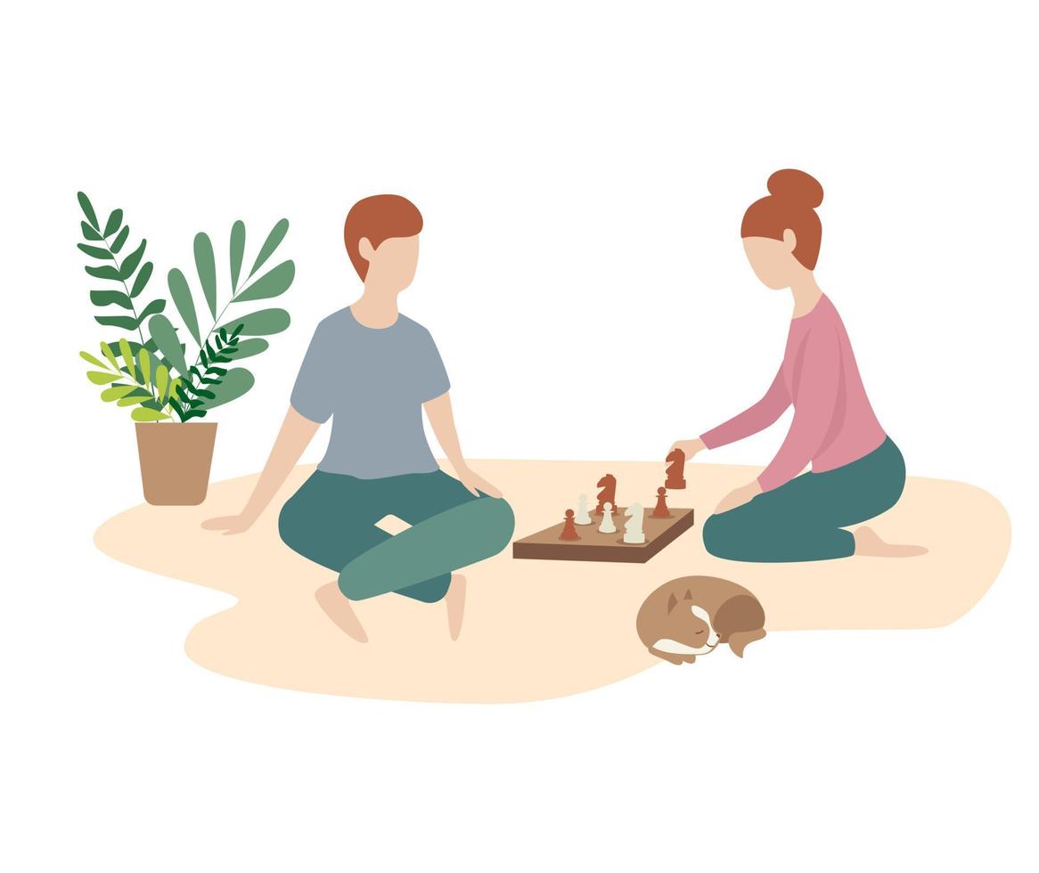 woman and man play chess together. family game, weekend, home atmosphere vector