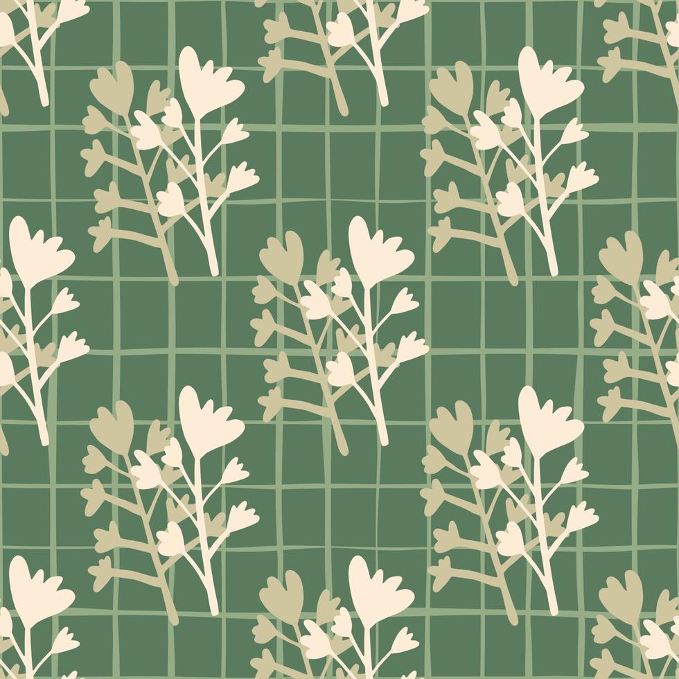 Simple seamless pattern with flowers silhouettes in light pink colors. Green background with check. vector