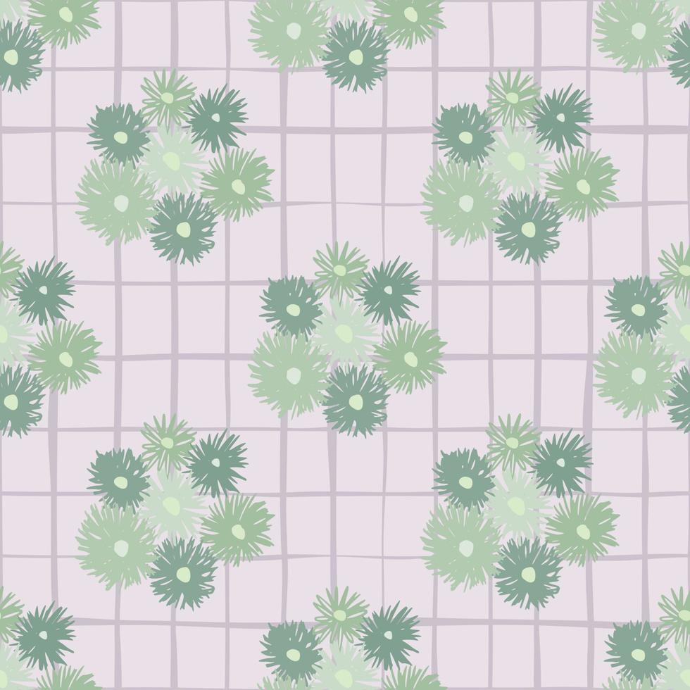 Pale botanic seamless pattern with chrysanthemum silhouettes. Green flowers on pastel light background with check. vector