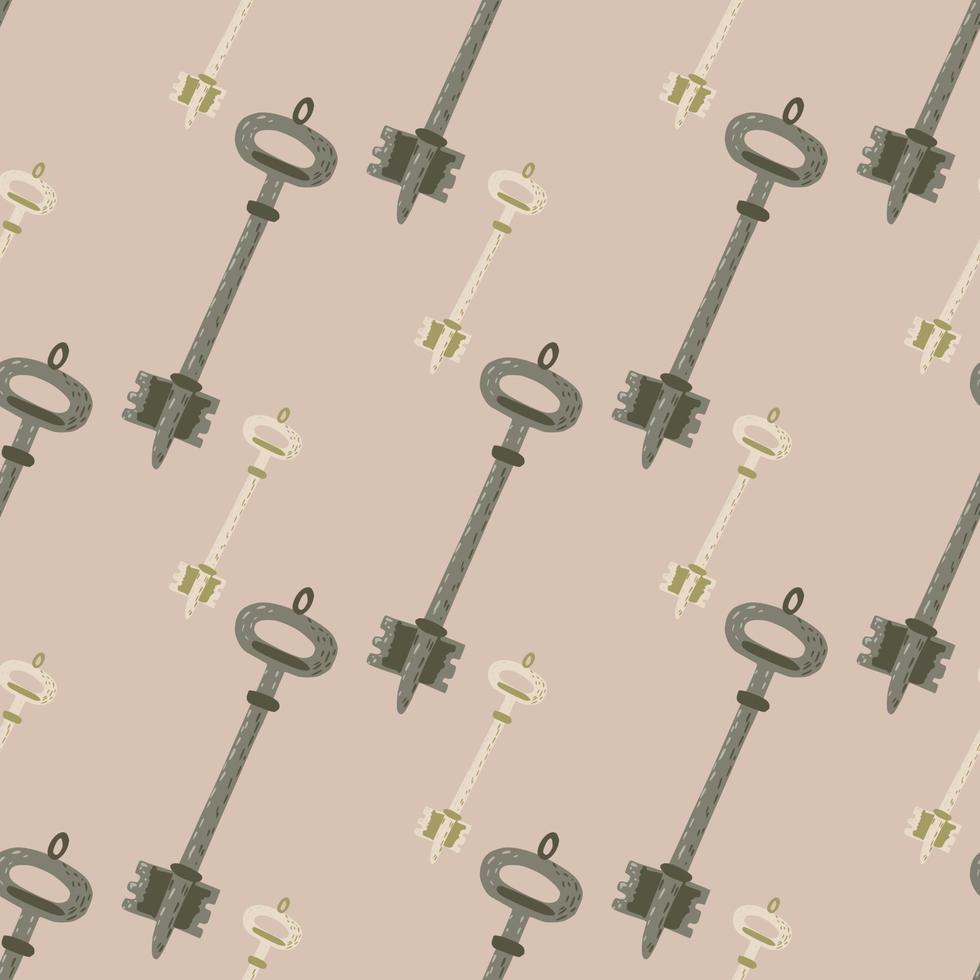 Pastel palette seamless hand drawn pattern with vintage keys silhouettes. Secret victorian style print on pale pink background. vector