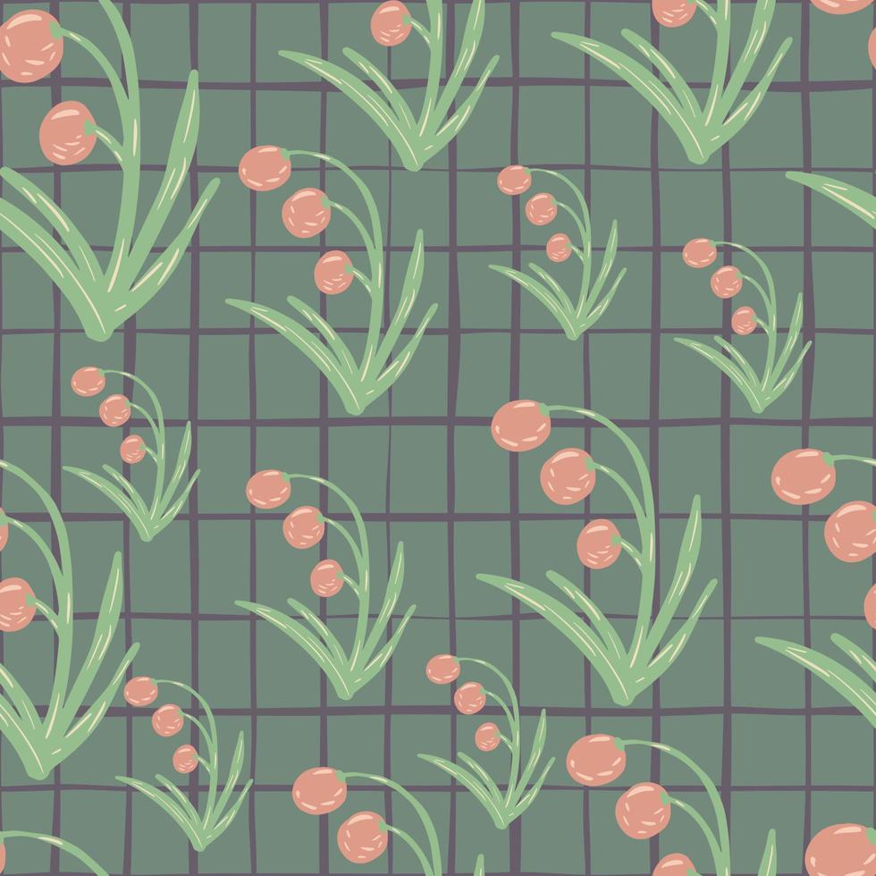 Random seamless pattern with doodle pink forest berries. Grey background with check. Hand drawn wild botanic print. vector